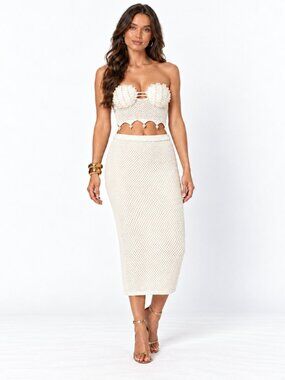 Cream Pearl Crochet Strapless Top Midi Skirt Set Bridal Vacation NWT M L Outfit